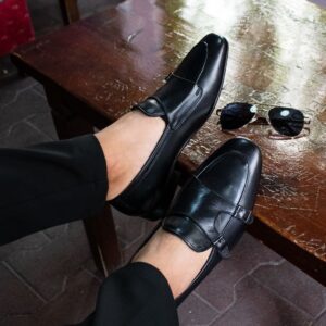 Black Saturn Double Buckle Leather Monks