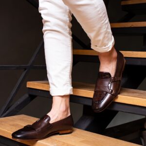 Coffee Brown Saturn Croco Leather Double Buckle Monk